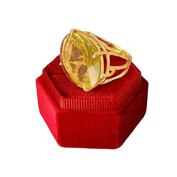 Bounkit Large Cocktail Ring Sz. 8 Oval Lemon Quartz Statement Art Deco Gemstone